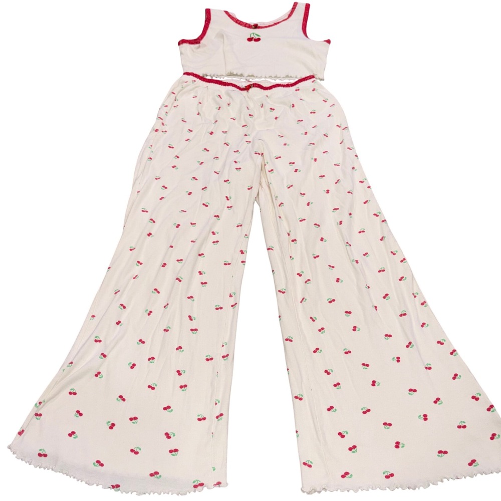 Cherry Print Lace Trim Love & Lazy Pajama Set Womens L White Red